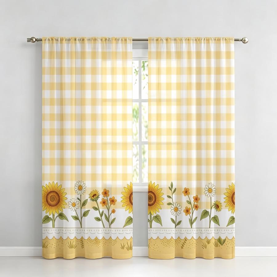 2개 디지털 프린트 시스루 커튼, 노란색 체크무늬 해바 - Home Textiles Plaid 리뷰 및 가격