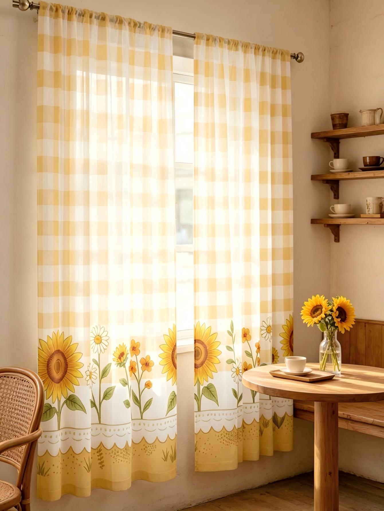 2개 디지털 프린트 시스루 커튼, 노란색 체크무늬 해바 - Home Textiles Plaid 리뷰 및 가격