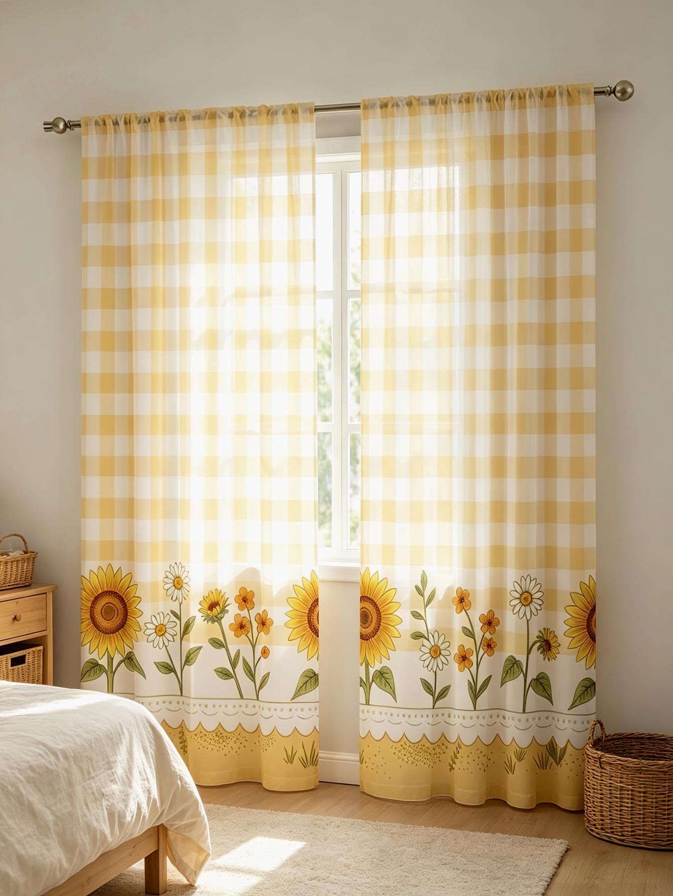 2개 디지털 프린트 시스루 커튼, 노란색 체크무늬 해바 - Home Textiles Plaid 리뷰 및 가격