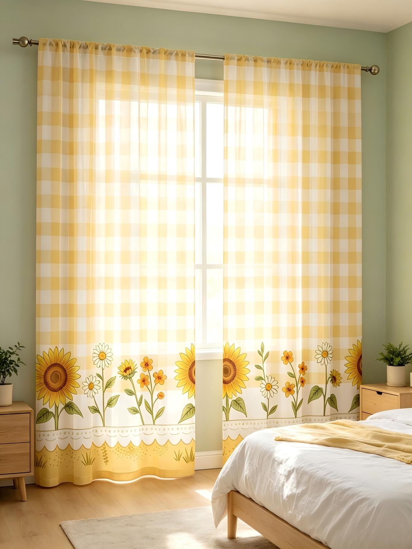 2개 디지털 프린트 시스루 커튼, 노란색 체크무늬 해바 - Home Textiles Plaid 리뷰 및 가격